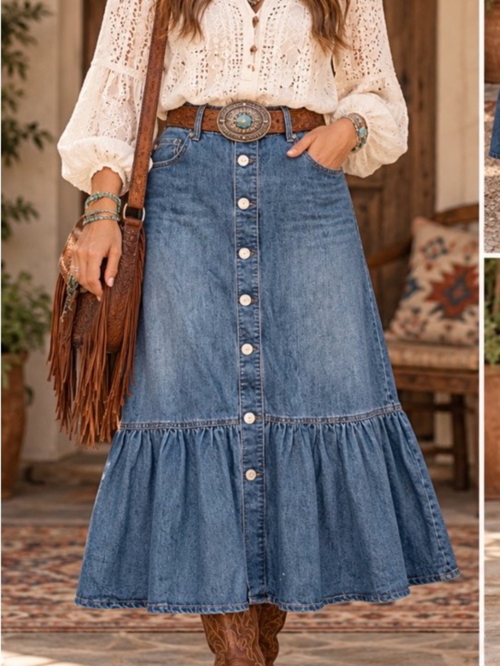 Cato Stretch Denim Maxi Skirt Button Front Ruffle Hem Boho Western Women’s Sz 8